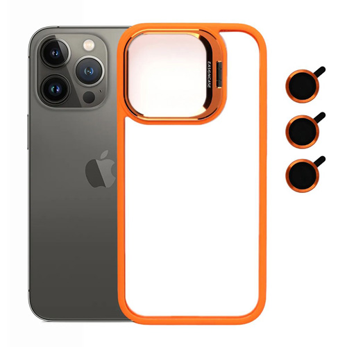 Bello Kamera Standlı +Lens koruyuculu iPhone 15 Pro Turuncu Kılıf