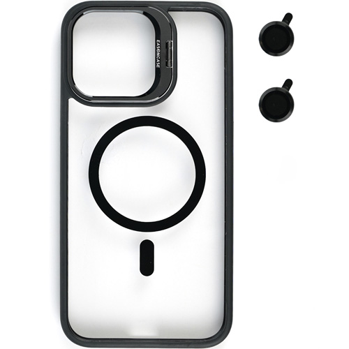 Bello Standlı Ve Lens Koruyuculu iPhone 15 Magsafe Kılıf - Siyah