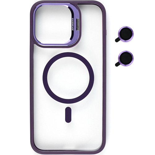 Magsafe uyumlu Kamera Standlı + Lens koruyuculu iPhone 15 Mor Kılıf